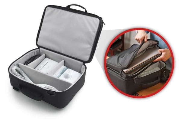 飛利浦呼吸器旅行包：底層可以完整收納呼吸器、加濕器、軟管與變壓器，上層最大可以收納 15 吋筆記型電腦