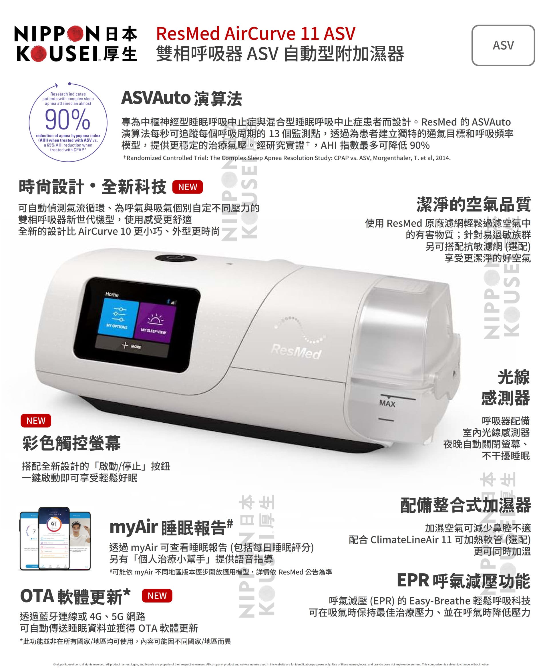 ResMed 瑞思邁 AirCurve 11 ASV 雙相陽壓呼吸器自動型附加濕器 (加贈面罩) | 日本厚生 Nippon Kousei 飛利浦呼吸器網路門市 ResMed 瑞思邁 AirCurve 11 ASV 雙相陽壓呼吸器自動型附加濕器
