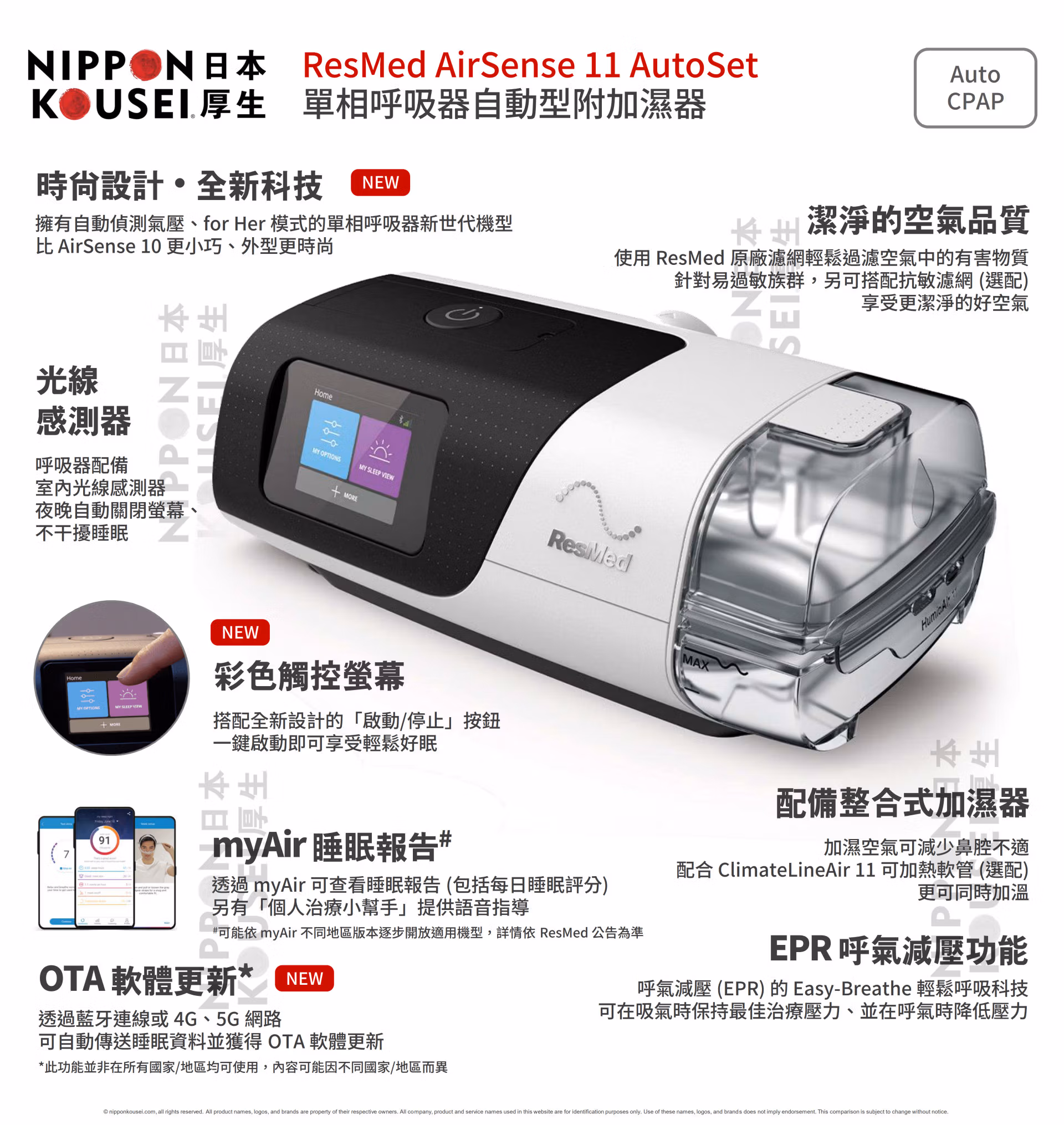 ResMed 瑞思邁 AirSense 11 AutoSet 單相陽壓呼吸器自動型附加濕器