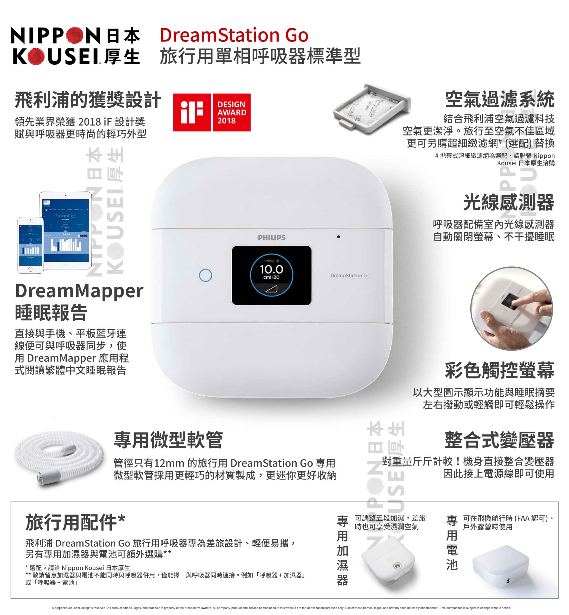 Philips Respironics 飛利浦磊仕 DreamStation Go 旅行用單相呼吸器標準型功能簡介