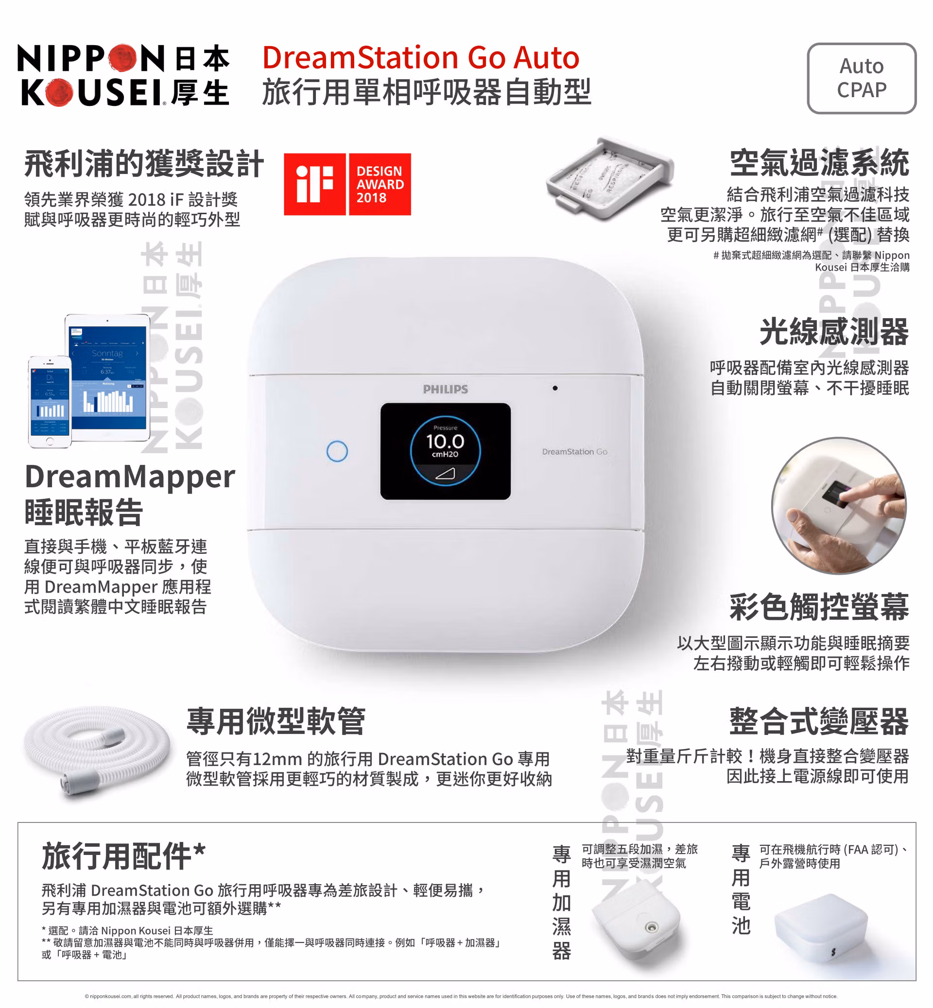 Philips Respironics 飛利浦磊仕 DreamStation Go Auto 旅行用單相呼吸器自動型功能簡介