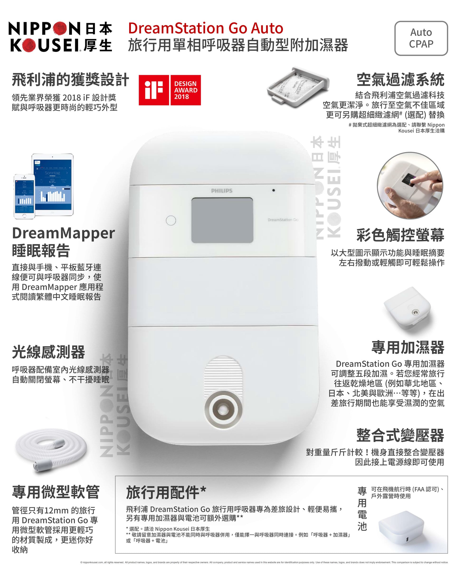 Philips Respironics 飛利浦磊仕 DreamStation Go Auto 旅行用單相呼吸器自動型附加濕器功能簡介
